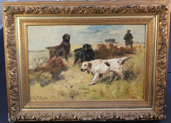 Henry Schouten (Belgian, 1864-1927) Gun dogs in a landscape, 24 x 36in.